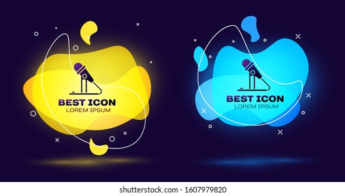 Black Microphone icon isolated on blue background. On air radio mic microphone. Speaker sign. Set abstract banner with liquid shapes. Vector Illustration