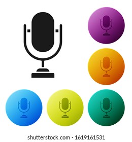 Black Microphone icon isolated on white background. On air radio mic microphone. Speaker sign. Set icons colorful circle buttons. Vector Illustration