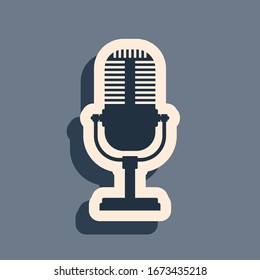 Black Microphone icon isolated on grey background. On air radio mic microphone. Speaker sign. Long shadow style. Vector Illustration