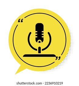 Black Microphone icon isolated on white background. On air radio mic microphone. Speaker sign. Yellow speech bubble symbol. Vector