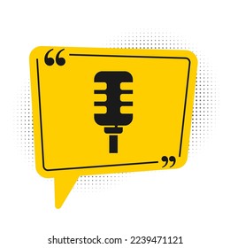 Black Microphone icon isolated on white background. On air radio mic microphone. Speaker sign. Yellow speech bubble symbol. Vector