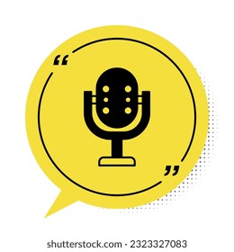 Black Microphone icon isolated on white background. On air radio mic microphone. Speaker sign. Yellow speech bubble symbol. Vector