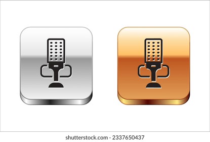 Black Microphone icon isolated on white background. On air radio mic microphone. Speaker sign. Silver and gold square buttons. Vector