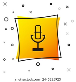 Black Microphone icon isolated on white background. On air radio mic microphone. Speaker sign. Yellow square button. Vector