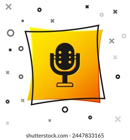 Black Microphone icon isolated on white background. On air radio mic microphone. Speaker sign. Yellow square button. Vector