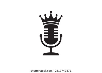 Black microphone icon wearing a royal crown. This podcast logo represents premium audio content and broadcasting.
