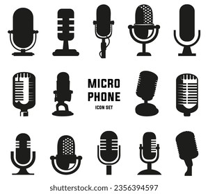 Black microphone icons collection. Podcast, music, karaoke, studio microphone icons. Set of microphone icons