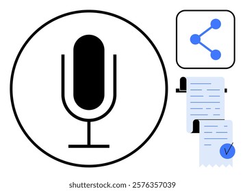 Black microphone inside a circle at center, blue sharing icon at top right, and a checklist with a blue checkmark at the bottom right. Ideal for podcasting, communication, task management, media