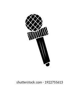 Black microphone isolated on white background. Karaoke cartoon studio line art record radio music speaker. Electronic acoustic audio podcast vocal sound. Media speech mike. 
