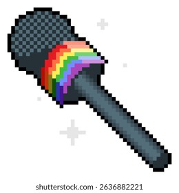 Black Microphone with Pride Flag Pattern on Labels, Pixel Art Icon, Isolated
