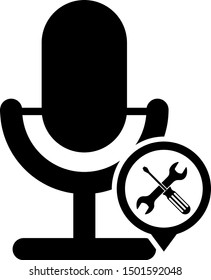 Black Microphone with screwdriver and wrench icon isolated on white background. Adjusting, service, setting, maintenance, repair, fixing.  Vector Illustration