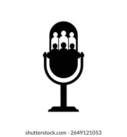 Black microphone silhouette with a group of people inside on a white background. Simple vector graphic style.
