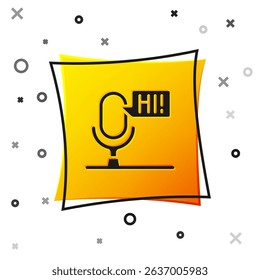 Black Microphone voice device icon isolated on white background. Microphone interpreter and alphabet letters. Yellow square button. Vector