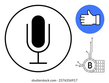 Black microphone within a circle, blue thumbs-up icon, and Bitcoin symbol with a circuit. Ideal for technology, communication, cryptocurrency, digital interfaces, social media. Simple, modern, clean