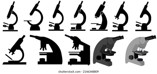 Black microscope flat set icon. Vector illustration of laboratory equipment on a white background. Vector set of microscope silhouette icons.