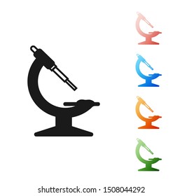 Black Microscope icon isolated on white background. Chemistry, pharmaceutical instrument, microbiology magnifying tool. Set icons colorful. Vector Illustration