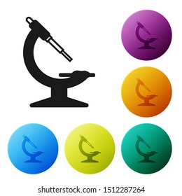 Black Microscope icon isolated on white background. Chemistry, pharmaceutical instrument, microbiology magnifying tool. Set icons colorful circle buttons. Vector Illustration