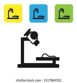 Black Microscope icon isolated on white background. Chemistry, pharmaceutical instrument, microbiology magnifying tool. Set icons colorful square buttons. Vector Illustration