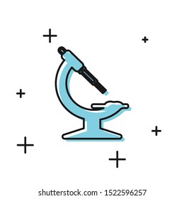Black Microscope icon isolated on white background. Chemistry, pharmaceutical instrument, microbiology magnifying tool.  Vector Illustration