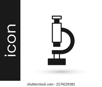 Black Microscope icon isolated on white background. Chemistry, pharmaceutical instrument, microbiology magnifying tool.  Vector