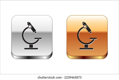 Black Microscope icon isolated on white background. Chemistry, pharmaceutical instrument, microbiology magnifying tool. Silver-gold square button. Vector Illustration