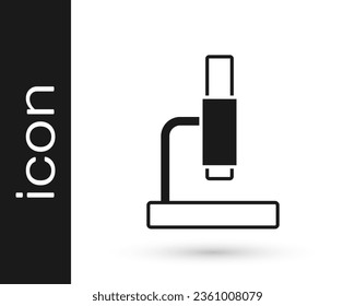 Icono de Microscopio negro aislado en fondo blanco. Química, instrumento farmacéutico, herramienta de magnificación microbiológica.  Vector
