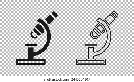 Black Microscope icon isolated on transparent background. Chemistry, pharmaceutical instrument, microbiology magnifying tool.  Vector