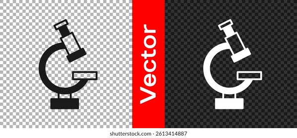 Black Microscope icon isolated on transparent background. Chemistry, pharmaceutical instrument, microbiology magnifying tool.  Vector