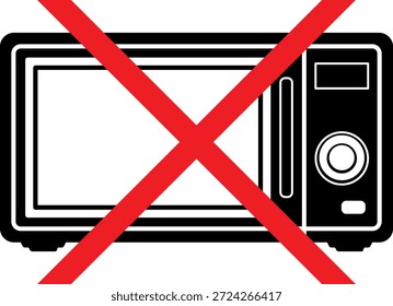 Icono negro del microondas con la muestra prohibida roja aislada sin fondo