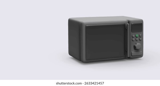 Black Microwave Oven With Digital Panel And Knob On Light Background, Minimalist 3D Style Depicting Kitchen Appliance For Quick Food Heating, Cooking, And Daily Use. Vector Illustration.