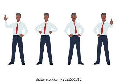 Ejecutivo negro de mediana edad en camisa blanca y corbata roja. Hombre de negocios en diversas poses. Hola, manos en las caderas, pulgares arriba. Liderazgo, Emprendedor, Corporativa, Jefe, Negocio, Ejecutivo, CEO.