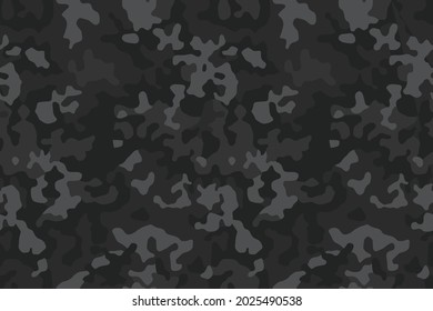 Black military background of soldier camouflaging, seamless pattern. Modern vector camo texture for army clothing.