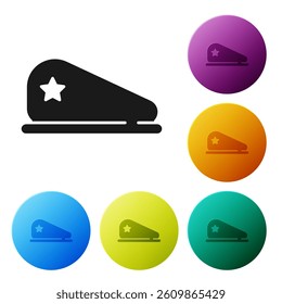 Black Military beret icon isolated on white background. Soldiers cap. Army hat. War baret. Set icons in color circle buttons. Vector
