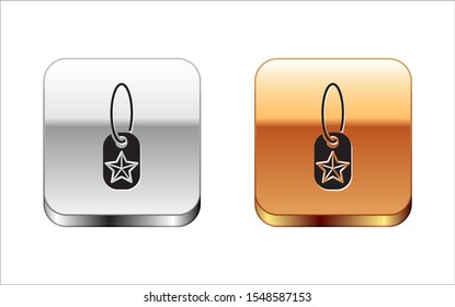 Black Military dog tag icon isolated on white background. Identity tag icon. Army sign. Silver-gold square button. Vector Illustration