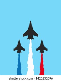 Black military fighters with colored trails on blue background. Jets show vector illustration