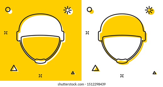 Black Military helmet icon isolated on yellow and white background. Army hat symbol of defense and protect. Protective hat. Random dynamic shapes. Vector Illustration