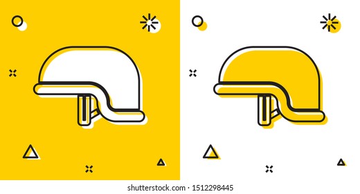 Black Military helmet icon isolated on yellow and white background. Army hat symbol of defense and protect. Protective hat. Random dynamic shapes. Vector Illustration