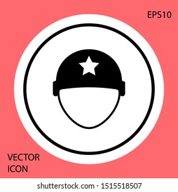 Black Military helmet icon isolated on red background. Army hat symbol of defense and protect. Protective hat. White circle button. Vector Illustration