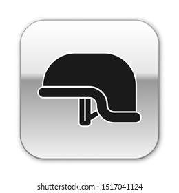Black Military helmet icon isolated on white background. Army hat symbol of defense and protect. Protective hat. Silver square button. Vector Illustration