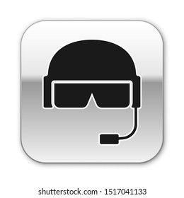 Black Military helmet icon isolated on white background. Army hat symbol of defense and protect. Protective hat. Silver square button. Vector Illustration