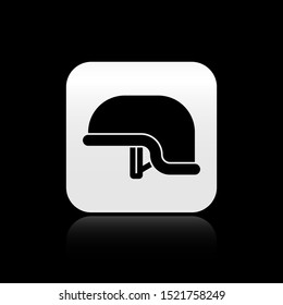 Black Military helmet icon isolated on black background. Army hat symbol of defense and protect. Protective hat. Silver square button. Vector Illustration