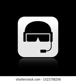 Black Military helmet icon isolated on black background. Army hat symbol of defense and protect. Protective hat. Silver square button. Vector Illustration