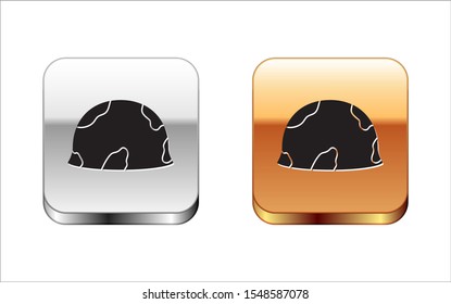 Black Military helmet icon isolated on white background. Army hat symbol of defense and protect. Protective hat. Silver-gold square button. Vector Illustration