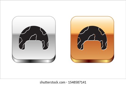 Black Military helmet icon isolated on white background. Army hat symbol of defense and protect. Protective hat. Silver-gold square button. Vector Illustration