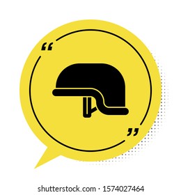 Black Military helmet icon isolated on white background. Army hat symbol of defense and protect. Protective hat. Yellow speech bubble symbol. Vector Illustration