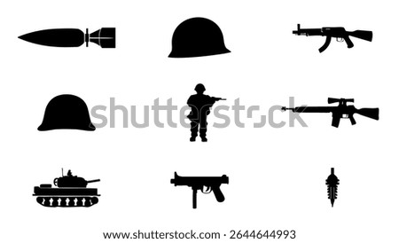 black military icon set vector silhouettes of guns tanks soldiers helmets weapons design bundle