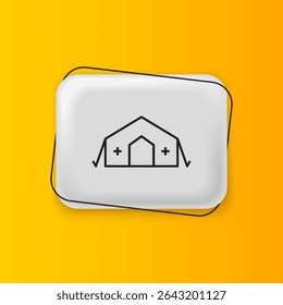 Black Military medical tent providing first aid to a patient icon isolated on yellow background. Medical tent free aid to people. Silver rectangle button. Vector