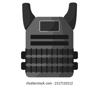 Black military or police body armor covers or bulletproof vest for protection against firearms. Military concept for army, soldiers and war. Vector cartoon isolated illustration.