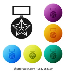Black Military reward medal icon isolated on white background. Army sign. Set icons colorful circle buttons. Vector Illustration