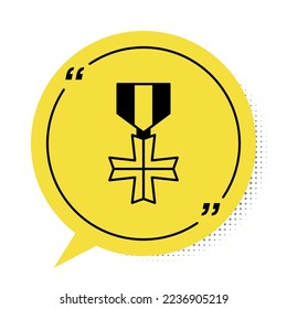 Black Military reward medal icon isolated on white background. Army sign. Yellow speech bubble symbol. Vector